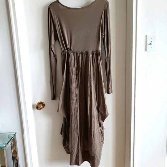 Linen Beige Long Sleeve Gauzy Boho Synched Draw String Waist Higher Front NWOT - Picture 2 of 11